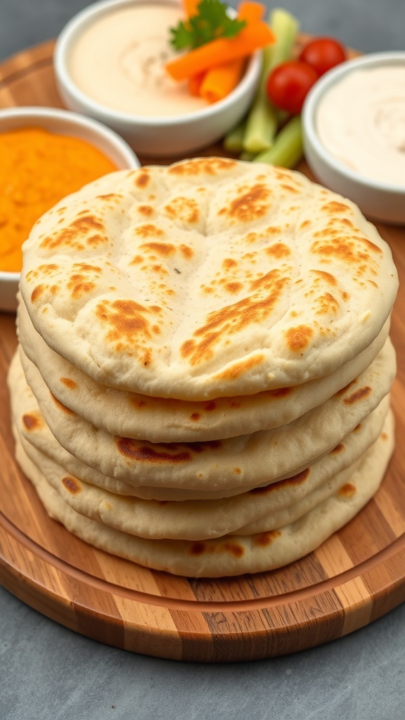 Freshly made pita bread stacked on a wooden board with dips and vegetables.
